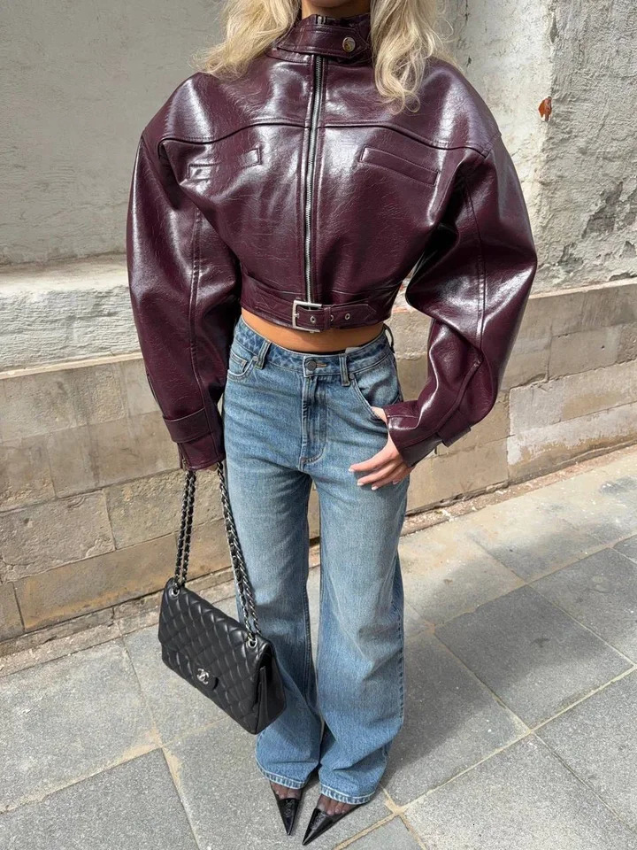 Laur Women Cropped Faux Leather Jacket Stand Collar Zipper Belt Hem Short Moto Biker Coat Streetwear Outerwear 261016
