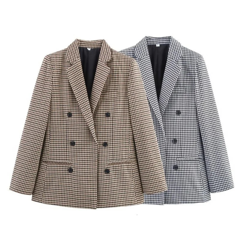 Women's Plaid Blazer Spring Casual Double Breasted Suit Jacket Office Work Daily Outwear Two Colors 261015