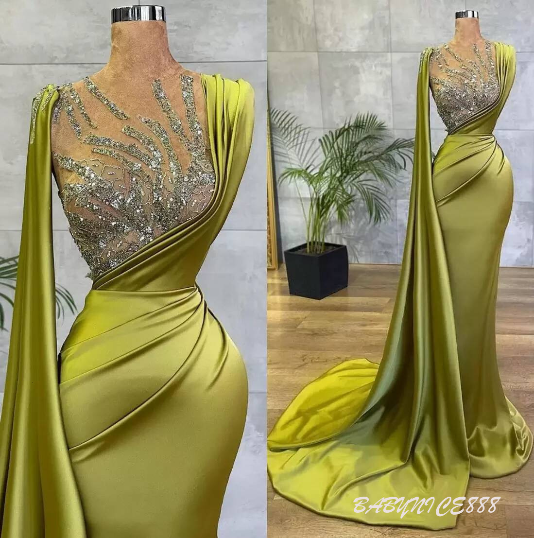Arabic Lemon Green Satin Mermaid Evening Dresses Mesh Top Sequin Beads Ruched Formal Ocn Wear Gold Hunter Sheer Neck Sweep Train Robe De Soriee