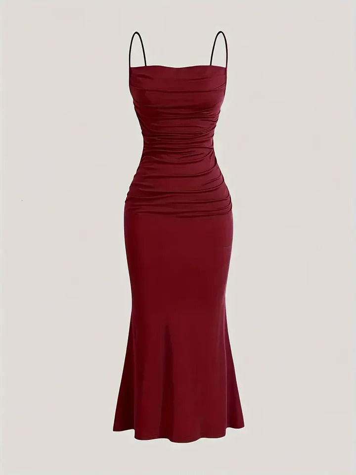 Ruched Spaghetti Strap Midi Dress Women Elegant Bodycon Mermaid Dress Backless Satin Evening Party Club Formal Dress 261015