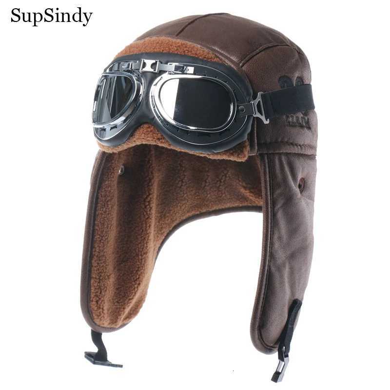 Trapper Hats SupSindy Men Winter Bomber Hat With Goggles Outdoor Motorcycle Windproof Warm Faux Fur Pilot Earflap Hat Leather Thermal UshankaT261017