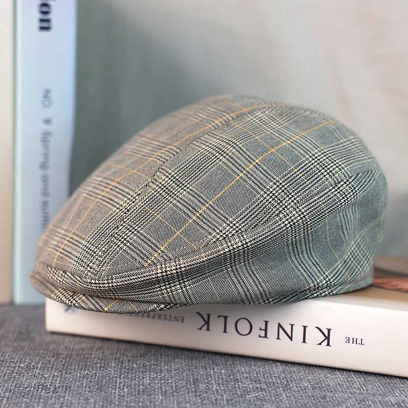 Plaid Newsboy Hat Gray Linen Cotton Womens Mens Ivy Cap Cabbie Driver Hat Spring Autumn Flat Hats Vintage Gatsby Beret A-53 M261016