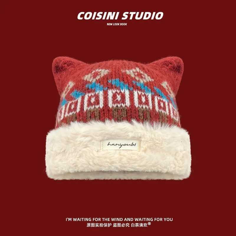 Beanie/Skull Caps Women Winter Knit Beanie Hat Cat Ear Design Fair Isle Jacquard Knitted Hats Faux Fur Lined Warm Thick Pullover Caps for Men Q26101