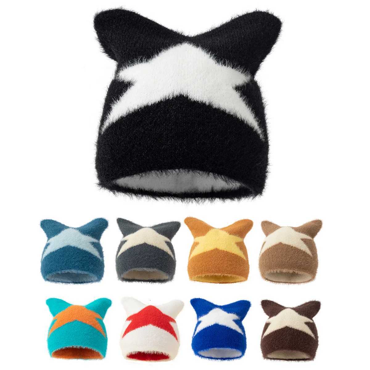 Beanie/Skull Caps new y2k Cat ears star pattern Beanies Hat Men Winter Autunm Warm Knitted Bonnet Cap Soft Skullies Beanies Caps Boys Gifts Q261017