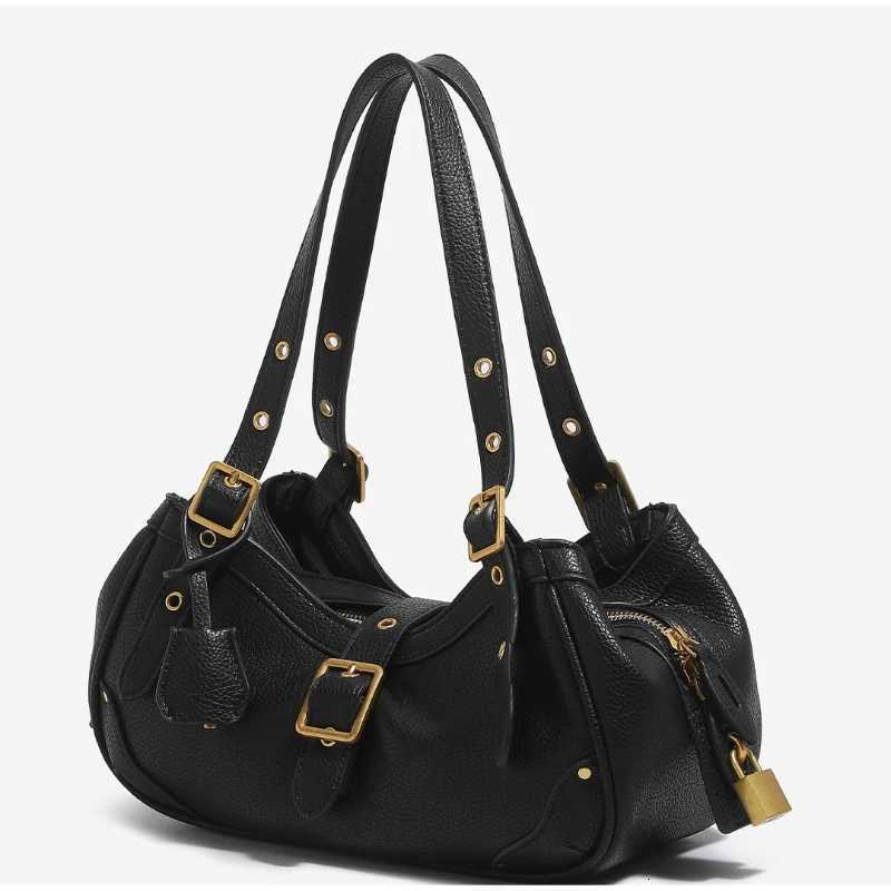 Cross Body Vintage Motorcycle Drifter Hobo Shoulder Bag Women Lychee Texture PU Leather Underarm Handbag with Lock Adjustable Strap H261016