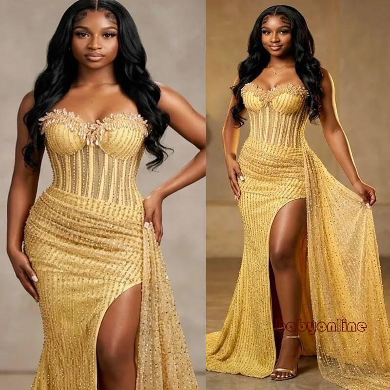 Aso Ebi Light Yellow Mermaid Prom Evening Dresses Side Split Crystals Party Dress Sequined Lace Formal For Black Women Birthday Gowns Am3585