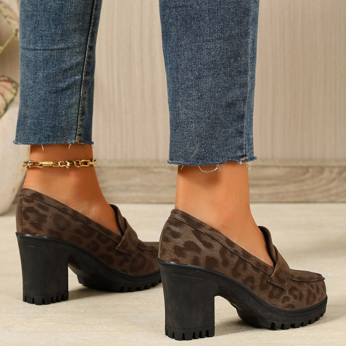 Large leopard print thick heeled women's loafers, thick sole, non slip, waterproof platform high heels leather shoes, ddmykukumalu