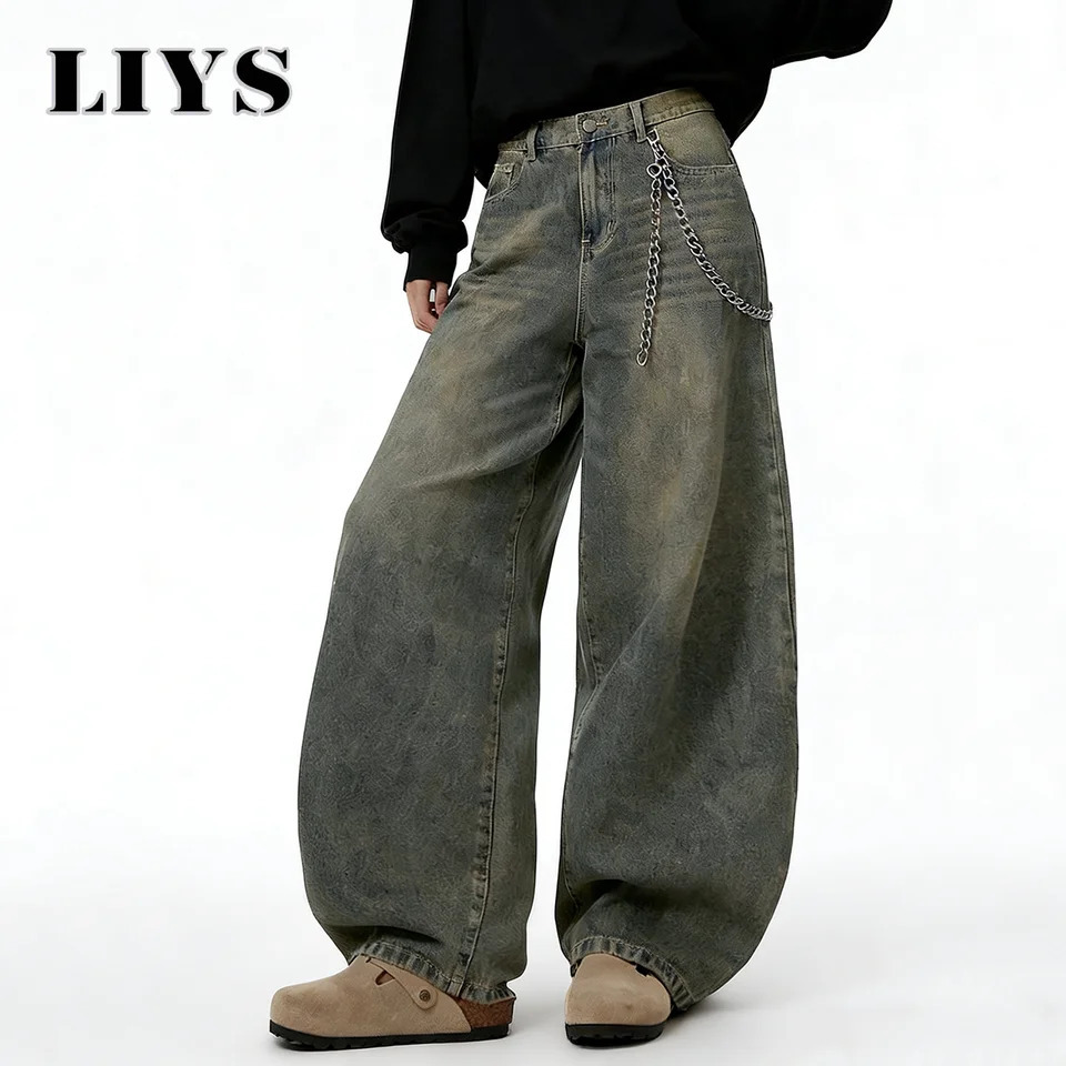 LIYS American Retro Baggy Wide Leg Jeans Mens Streetwear Distressed Y2K Clothing Casual Daily Four Seasons Denim Pants Unisex 261017
