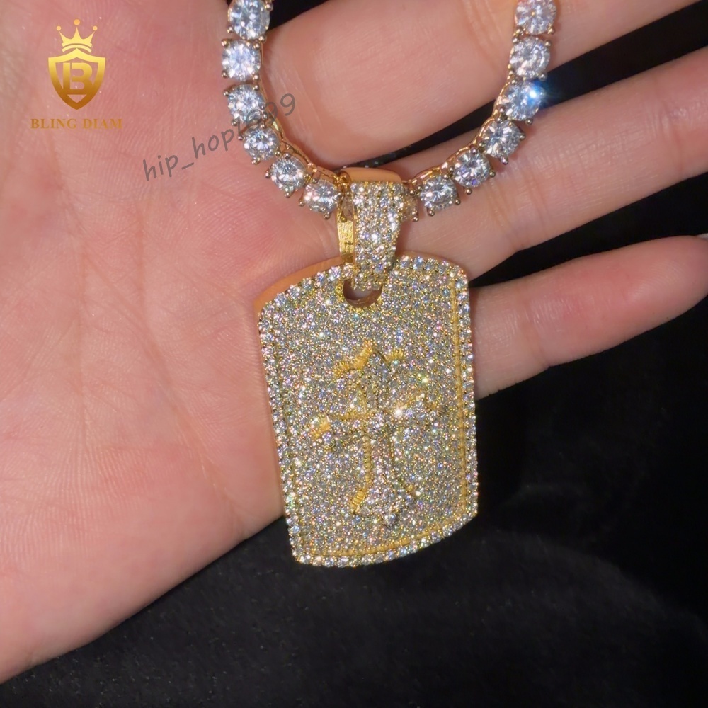 In Stock Rectangle Pendant Charms 925 Silver Moissanite Pendant Yellow Gold Plated GRA Moissanite Necklace Men HipHop Jewelry