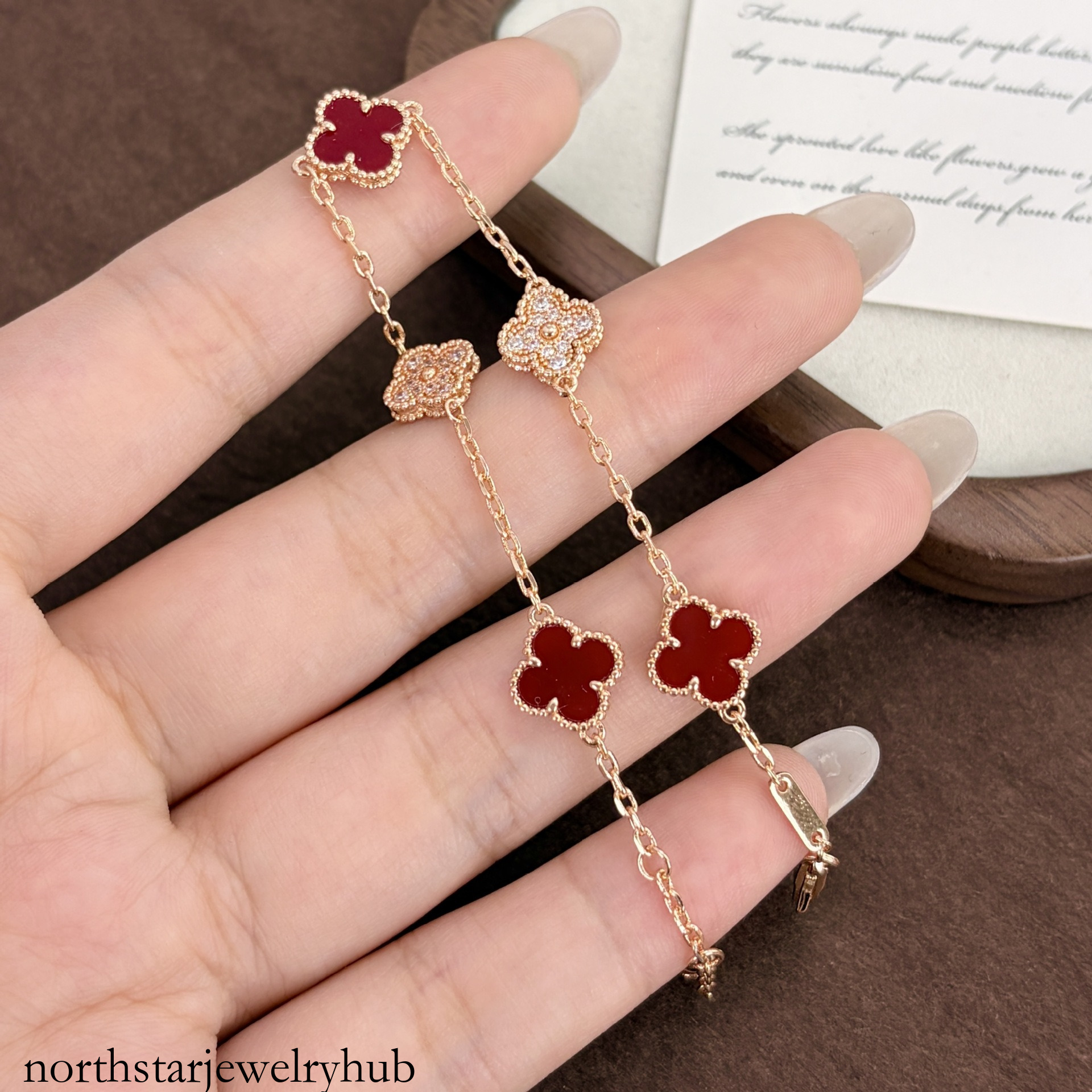 Designer Jewelry vanly Champagne gold mini four-leaf clover bracelet with natural white mother-of-pearl, red agate, full diamond embellishments wome