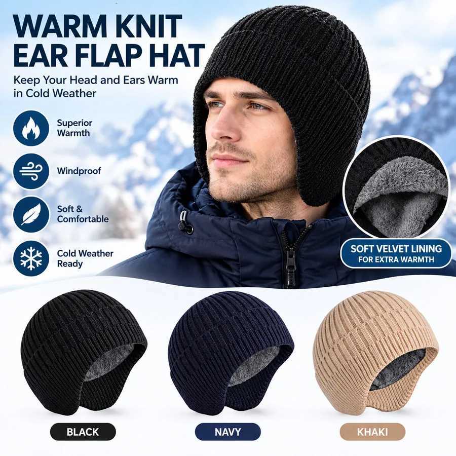 Trapper Hats Men Winter Fleece Lined Ear Flap Beanie Hat New Extra Inner Warm Fashion Casual Brimless Cap for Middle Aged Elderly MenT261017