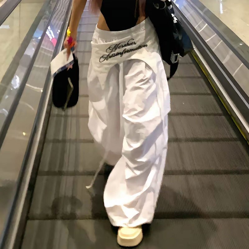 MEXZT Y2K White Cargo Pants Women Streetwear Embroidery Baggy Sweatpants Harajuku Wide Leg Joggers Summer Oversized Trousers New