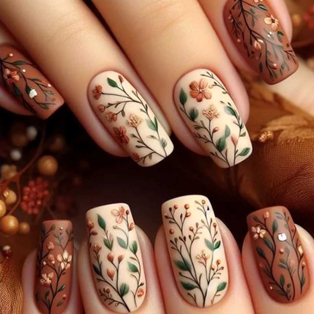 False Nails 24Pcs Short Square Head Fake Nails Leaf False Nails with Flowers Simple French Tips Wearable Summer Full Cover Press on Nails Q261017