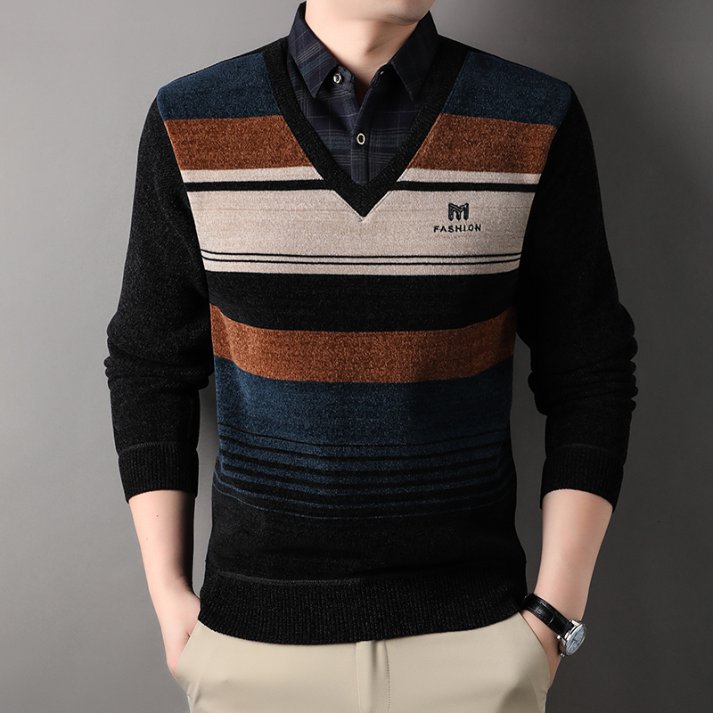 New Fleece Sweater Men Thickened Pullover Striped Velvet Clothing Autumn Winter Crew Neck Jumpers Fashion Knitwear 26Y1017