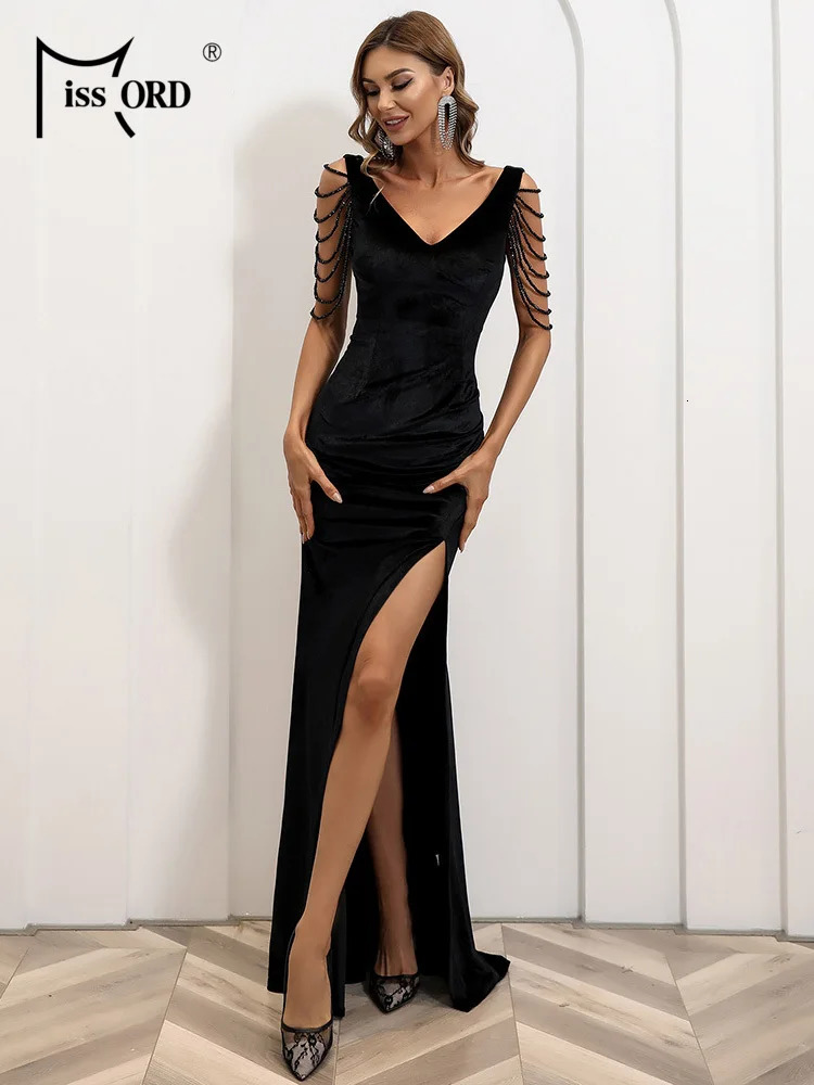 Missord Black Velvet Wedding Party Dress Women Elegant V Neck Sleeveless Tassel Thigh Split Prom Evening Dresses Formal Gown 261015