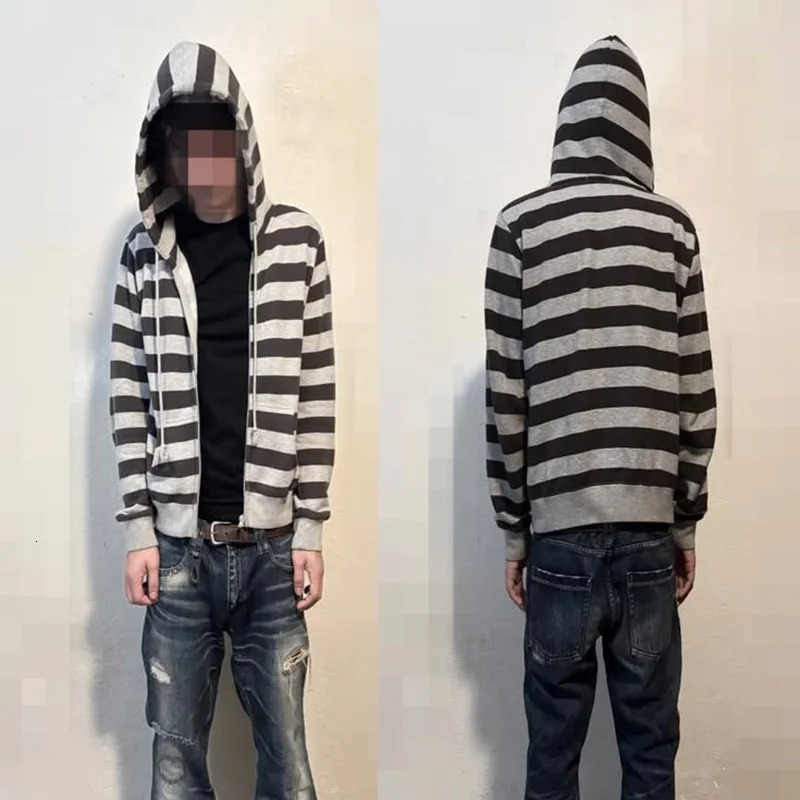 Y2K Men Striped Zip Up Hoodie Unisex Harajuku Streetwear Long Sleeve Zipper Sweatshirt Casual Loose Hooded Jacket With Pockets 261016