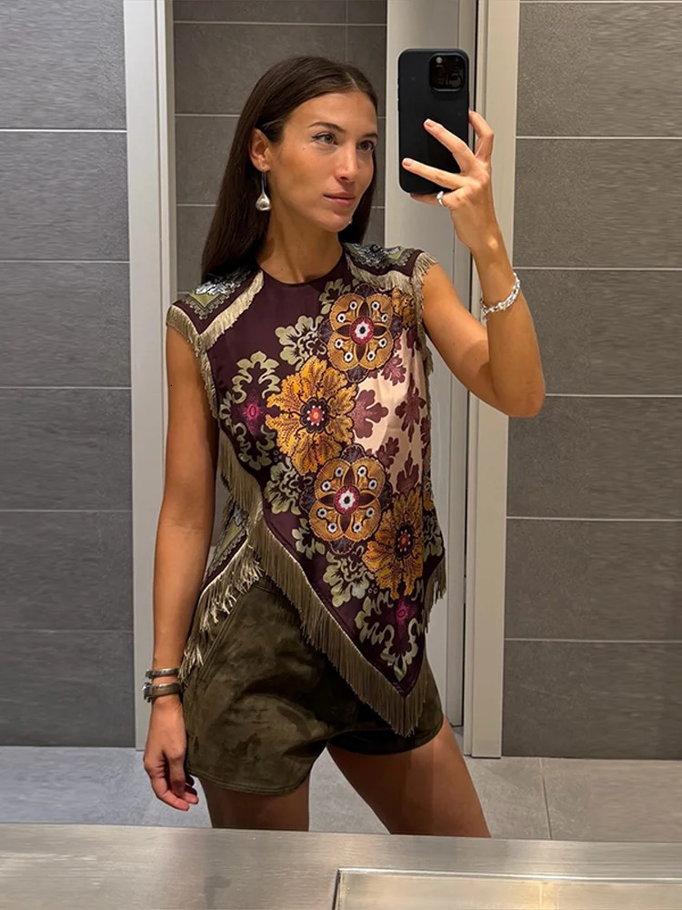 Sexy Printed Womens Top Fringed Sleeveless ONeck Irregular Split Lady Tops 2026 Summer Autumn Female Holiday Tanks 261017