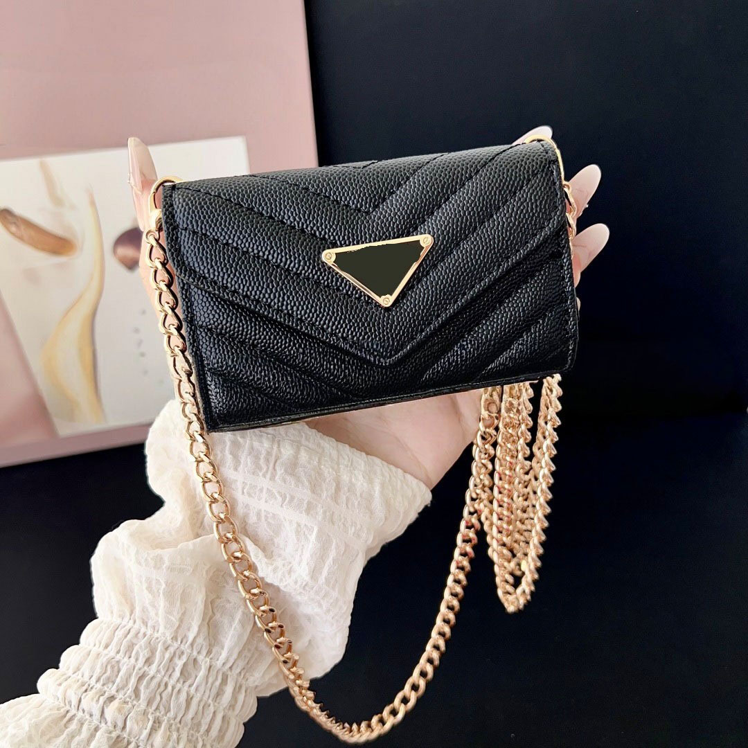 Designer Women's Mini Quilted PU Leather Crossbody Bag Triangle Metal Logo Envelope Shoulder Bag Gold Chain Strap Small Wallet Handbag Keychain
