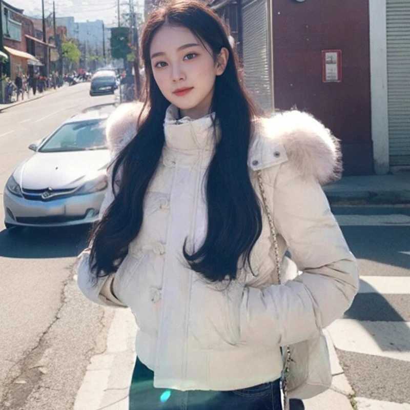 Women's Down Parkas Luxury Fluffy Faux Fur Hooded Parks Women Autumn Winter Zipper Up Stand Collar Cropped Parkas Woman Slim Warm Down Cotton J