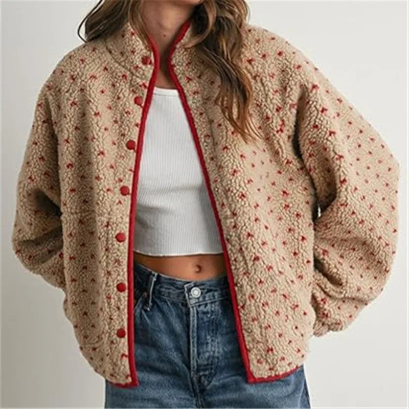 Womens Fleece Fuzzy Jacket Heart Dots Print Long Sleeve Winter Warm Fluffy Coats Button Down Sherpa Cardigan Y2K Outerwear 261016