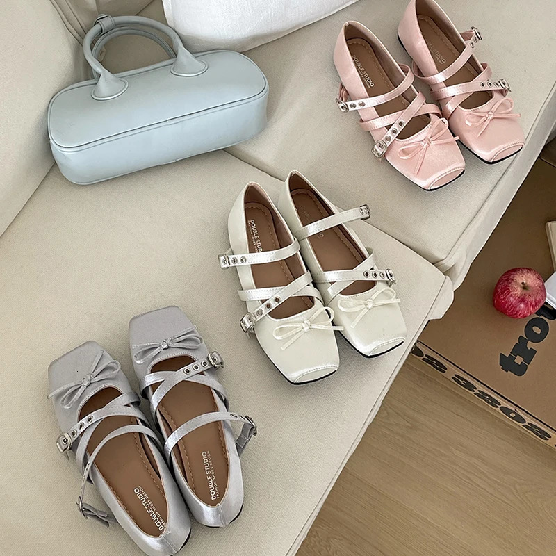 Summer Butterfly-knot Flat Mary Jane Women Comfort Soft Sole Ladies Elegnat Square Toe Dress Ballets Shoes 261017