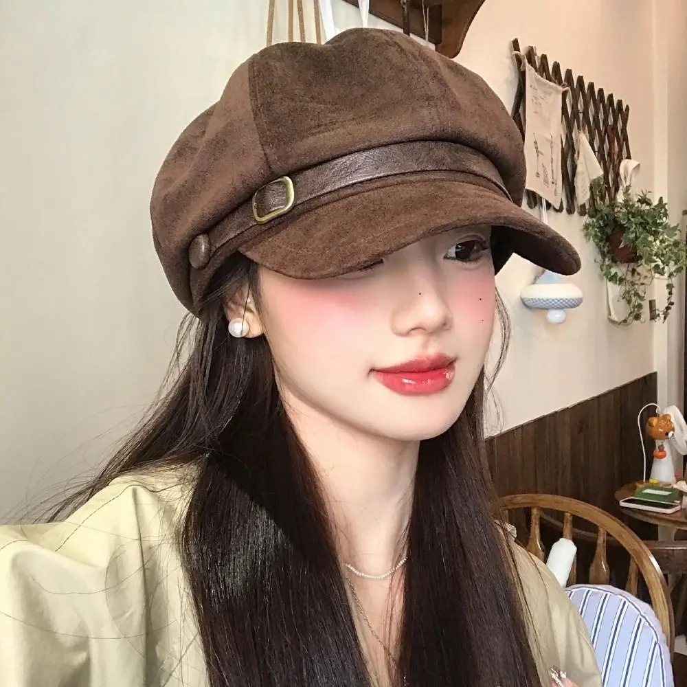 Fashion British Style Pu Leather Beret Belt Buckle Retro Suede Octagonal Hat Artist Hat Brown Painter Hat Girl261016