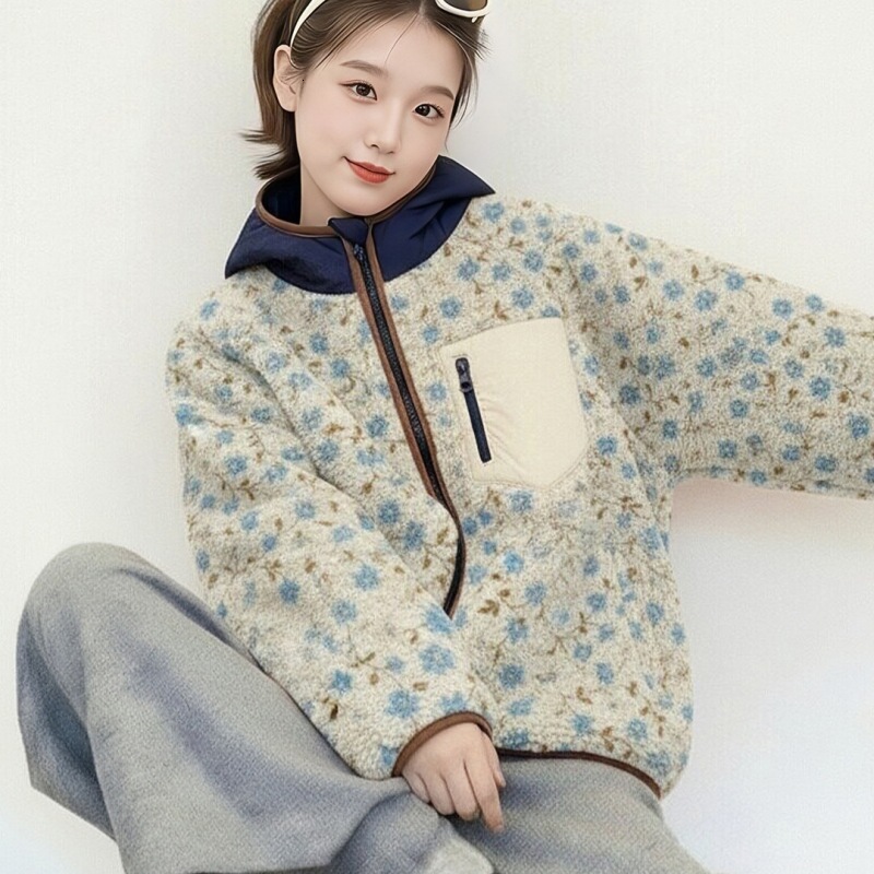 Designer 2026 winter new Korean-style short hooded cotton jacket for petite women, loose and fashionable casual quilted floral outerwear
