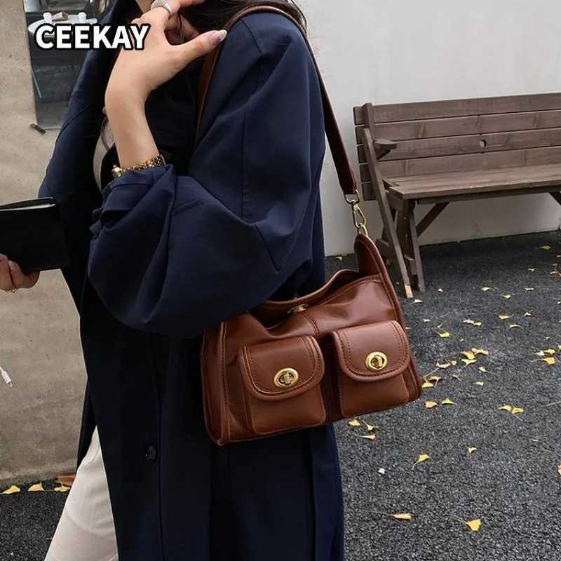 Evening Bags CEEKAY Leather Hobo Bag Double Flap Pocket Metal Detail Versatile Everyday Commute Casual Large Capacity Purse for Women H261016