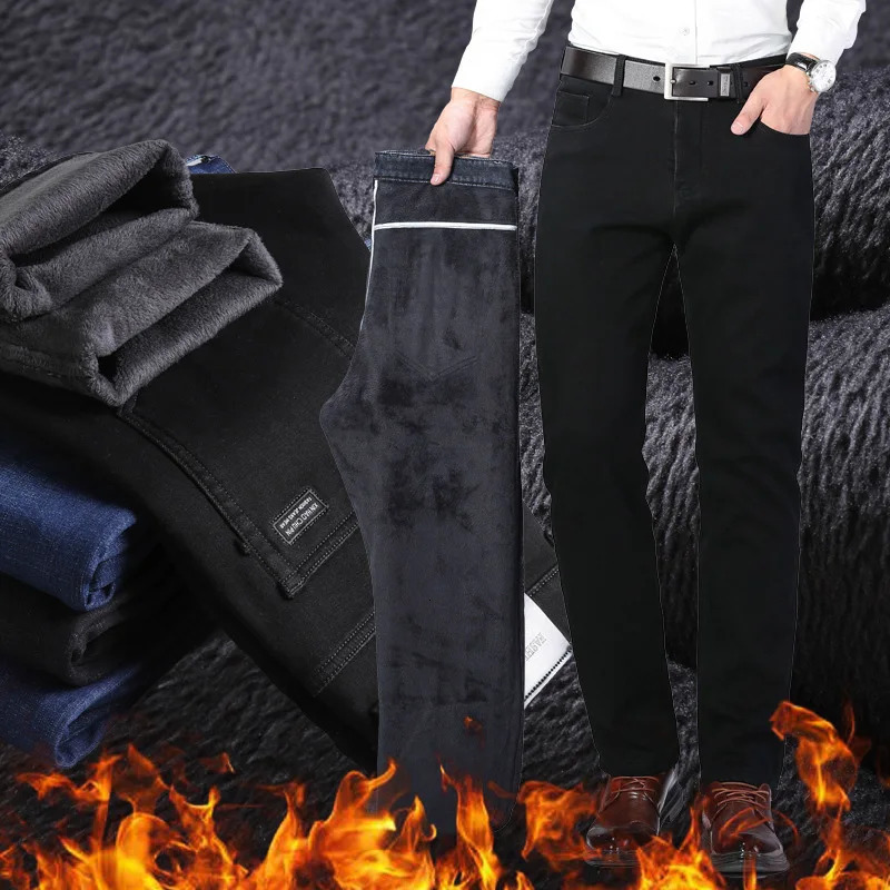 Men Winter Classics Fleece Thick Warm Jeans Mens Loose Straight Elastic Denim Pants Casual Plush Trousers Large Size 2840 261016