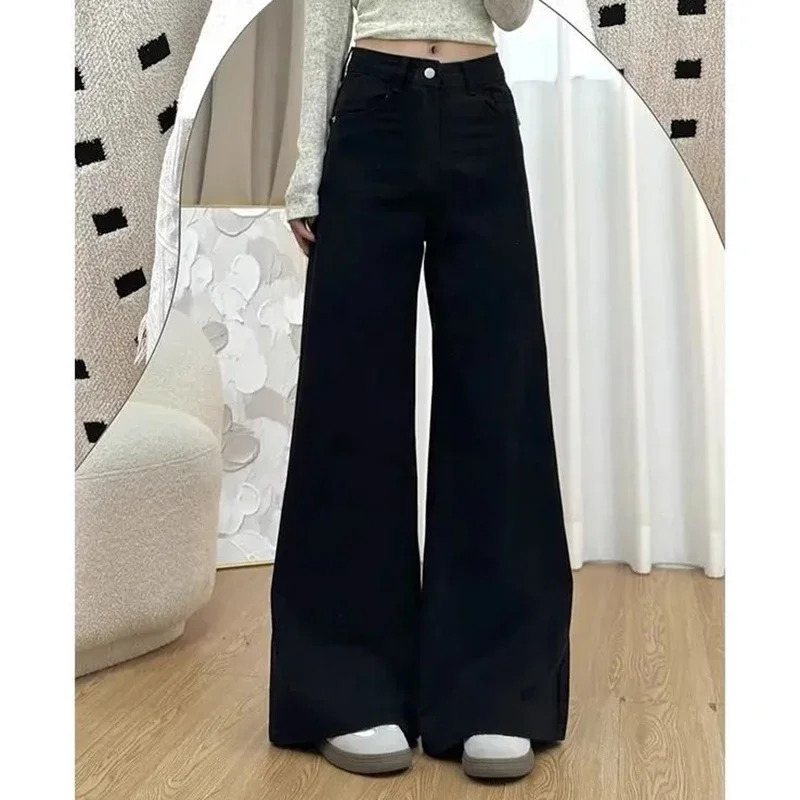 Female Black High Waist Jeans Girls Chic Fashion Straight Leg Denim Trousers Women Thin Loose Fit Casual Daily Pants 261013