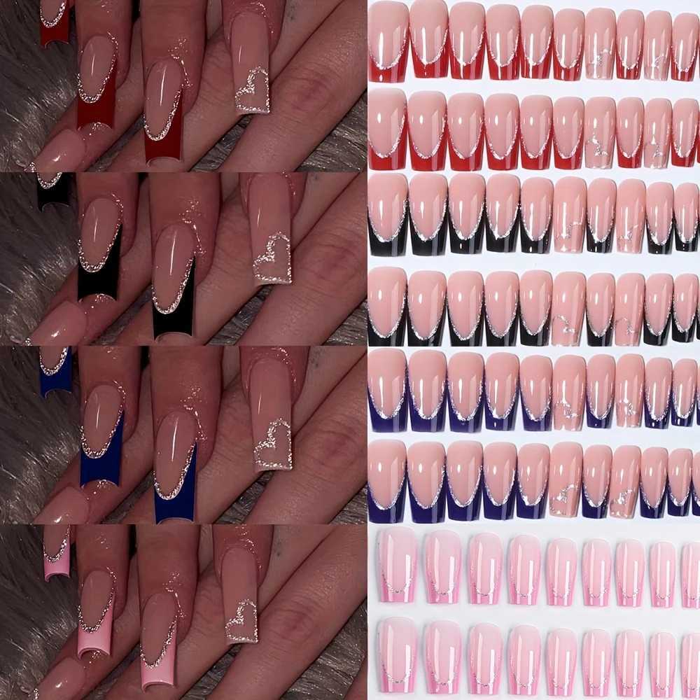 False Nails 96pcs/Box French With Silver Glitter Fake Nails Blue/Red Full Cover Medium Length Square Press Nails For Women Girls Simple Nail Q261017