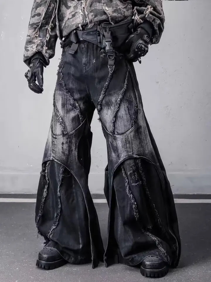 Mens Y2k Baggy Flare Jeans Harajuku Japanese 2000s Style Patchwork Denim Trouser Vintage Oversize Cargo Pants Clothes 261016