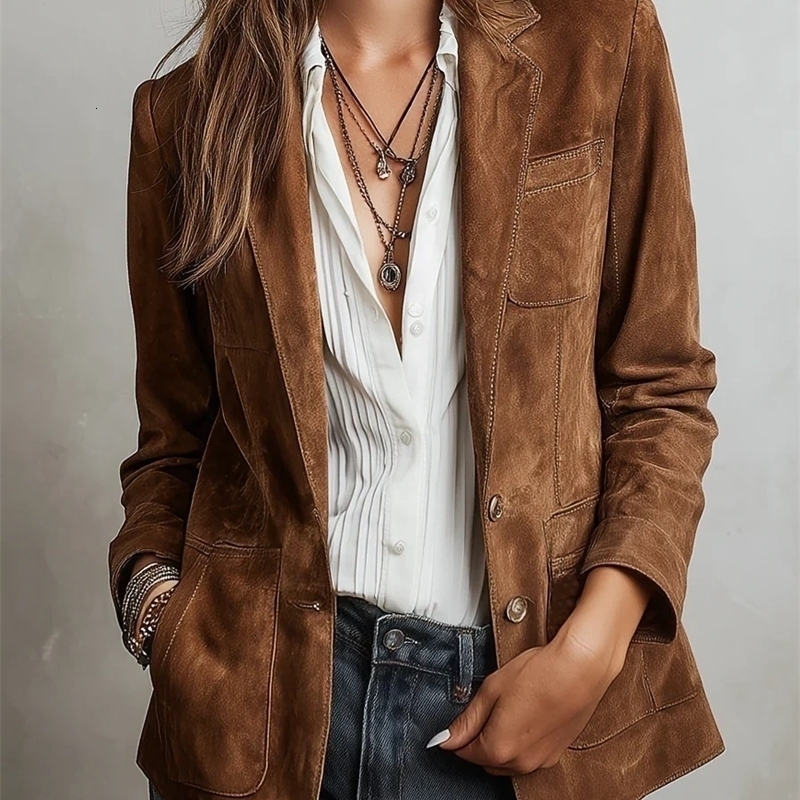 Fashion Women's Suede Jacket Notched Collar Single Breasted Full Sleeve Blazer Coat Multiple Pockets Spring Autumn Streetwear 261015