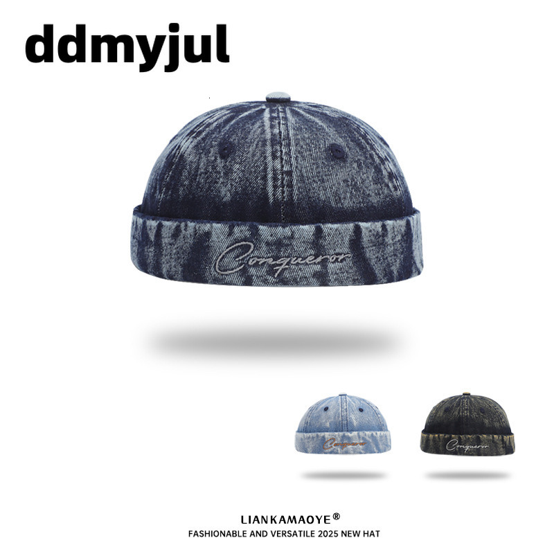 Tie Dye Denim Docker Cap Brimless Hat for Men Women Vintage Washed Sailor Skull Beanie Retro Casual Streetwear Couple Headwear