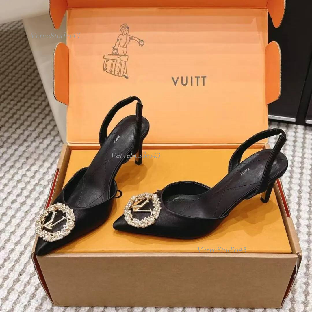 2026 Luxury Designer Women Heels Toe Slingback Rhinestone Pearl louisd shoes High Heels Wedding Party lvlyness shoes aa4