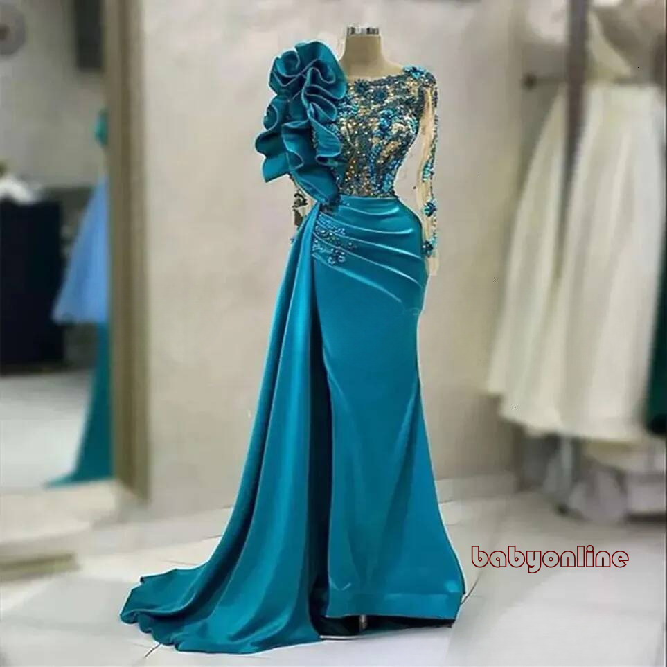 Elegant Long Sleeve Appliques Ruched Prom Dresses Mermaid Or Length 0 Neck Fashion Beading Formal Ocns Evening Gowns BC19665