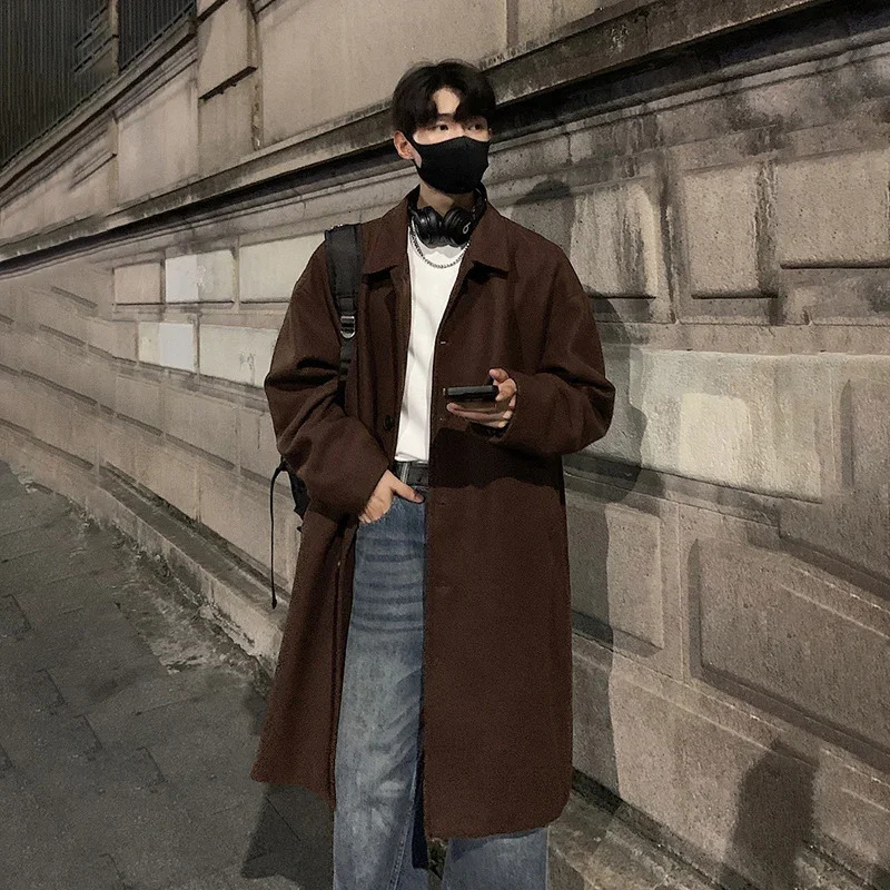 TFETTERS Long Coat Man 2026 Autumn Winter Turn Down Collar Solid Color Woollen Overcoat Mens Korean Fashion Streetwear 261016