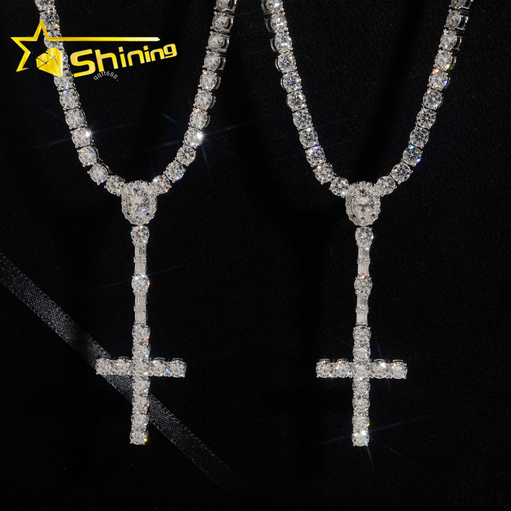 New Design 925 Sterling Silver Cross Style Moissanite Pendant Necklace Hip Hop Jewelry Moissanite Necklace Tennis for Men