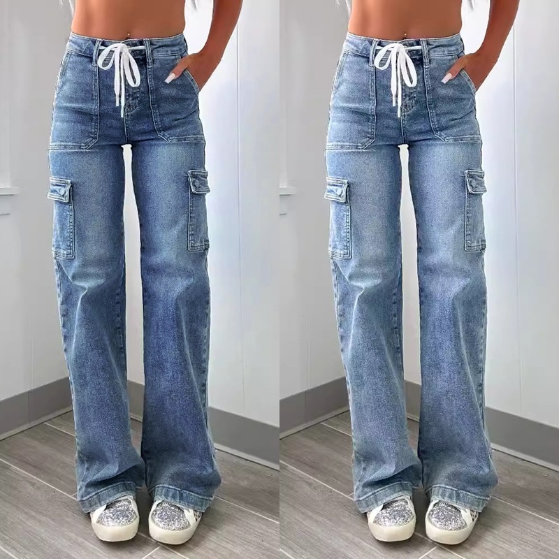 Women Straight Leg Functional Cargo Jeans Lace Up Multi Pocket Denim Pants American Style Casual Street Style Daily Wear Versatile Long Trousers For