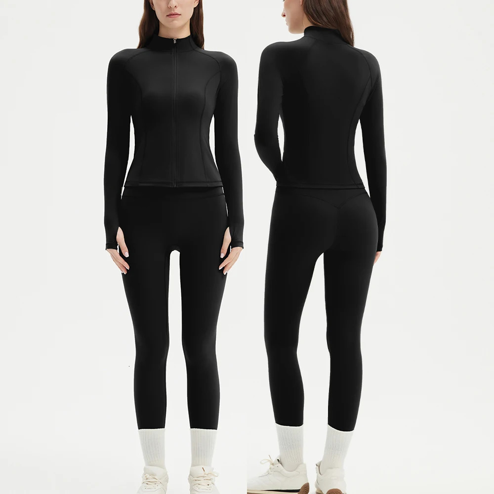 Two-piece Sports Set Women Solid Zipper Long Sleeve Sports Jacket HighWaist Leggings Set Sporty Breathable Yoga Sets Female 261016