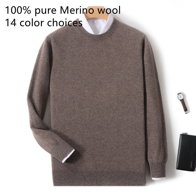 2025 100% Pure Merino Wool Men's Round Neck Pullover Solid Color Plus Size Casual Sweater Autumn And Winter Sports Cashmere Top 26Y1017