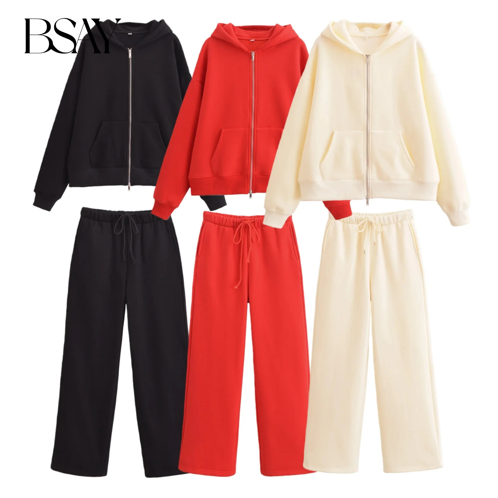 BSAY Women Fashion Autumn 2pcs Solid Long Sleeved Zip Hooded Sweatshirt Loose Jacket Female Straight Pants Two Piece Set 261016