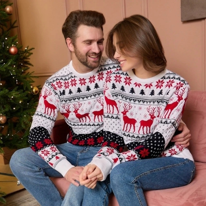Winter Christmas Sweater for CoupleFamily Matching Outfit Jacquard Knitted Jumpers Warm Thick Knitwear Xmas Look Pullover 261016