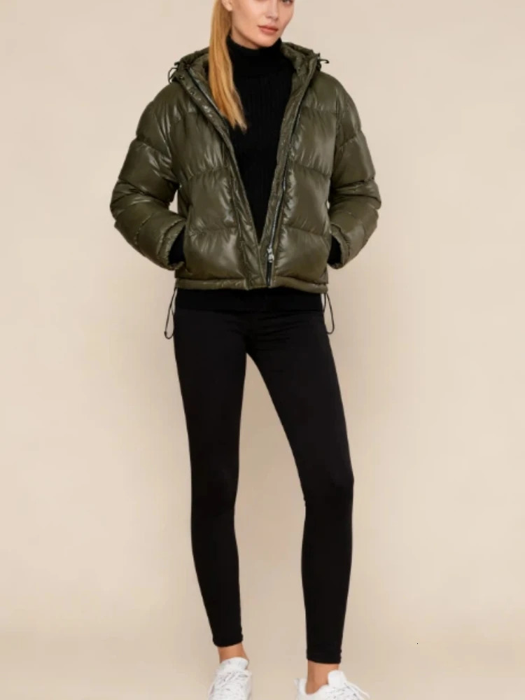 Women's Olive Green Shiny Cropped Puffer Jacket with Hood Warm Ruff Zipper Slim Down Coat Lady Winter Chic Casual Outerwear 261015
