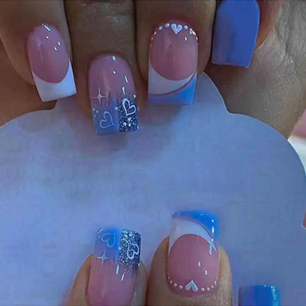 False Nails 24pcs Short Square Head False Nails French Fake Nail with White Blue Love Heart Designs Full Cover Art Press On Nails Detachable Q261017
