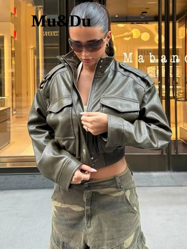 Women Faux Leather Cropped Coat Vintage Bomber Jackets With Pockets Long Sleeve Motorcycle Outerwear Zipper Overcoat 261016