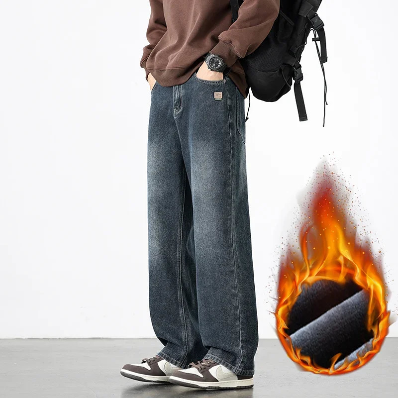 American Style Retro Jeans Men's Winter Velvet High Street Casual Loose Straight Long Pants Fleece 261016