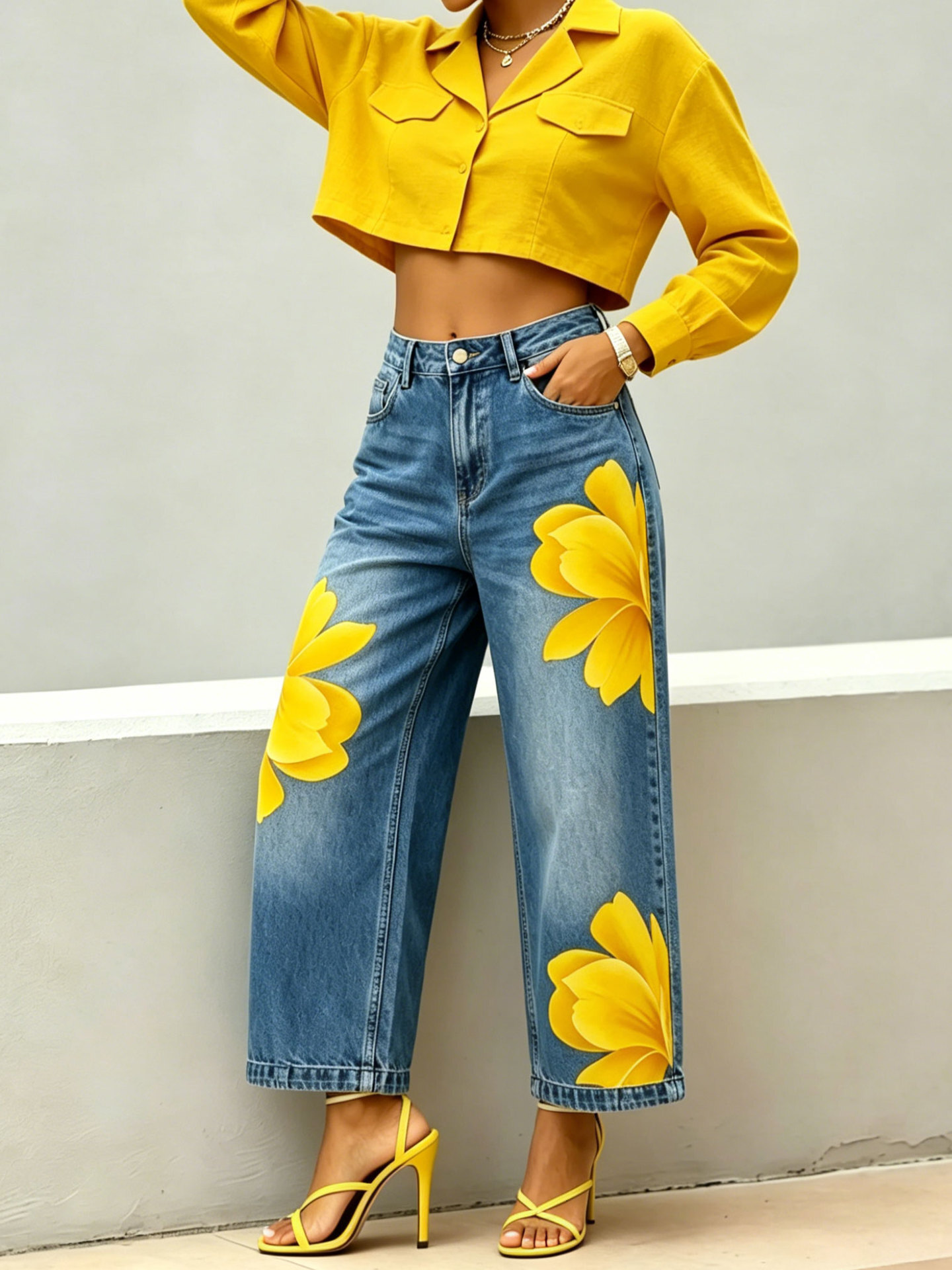 Women Floral Print Wide Leg Straight Jeans Loose Fit Denim Pants European American Style Fashion Casual Daily Wear Versatile Long Trousers For Ladie