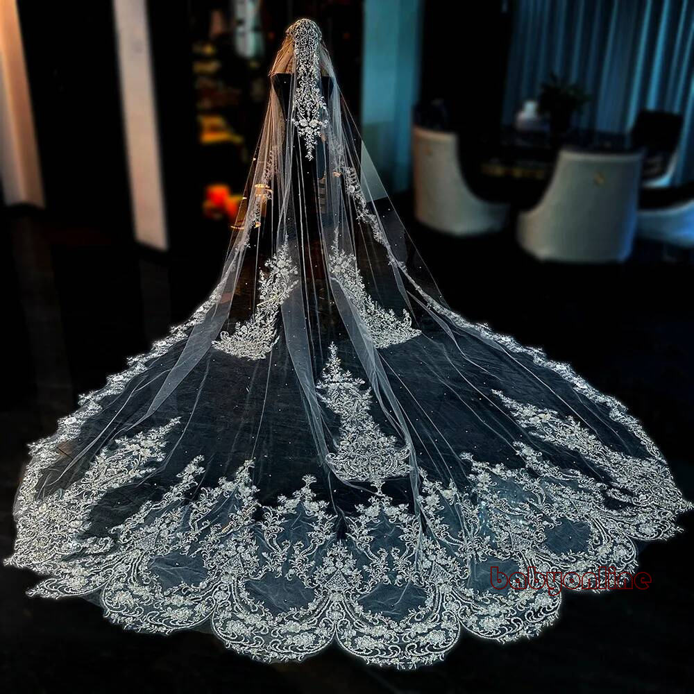 Luxury Veil Cathedral 3*3 5m Tulle Sparkling Crystal and Applique Beadings Wedding Bridal Veils with Comb