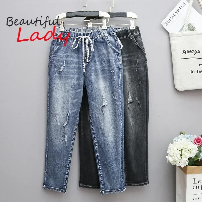 Large Size Baggy Jeans Woman High Waist Loose Harem Pants Elastic Cotton Denim Women Mom Ripped 260911